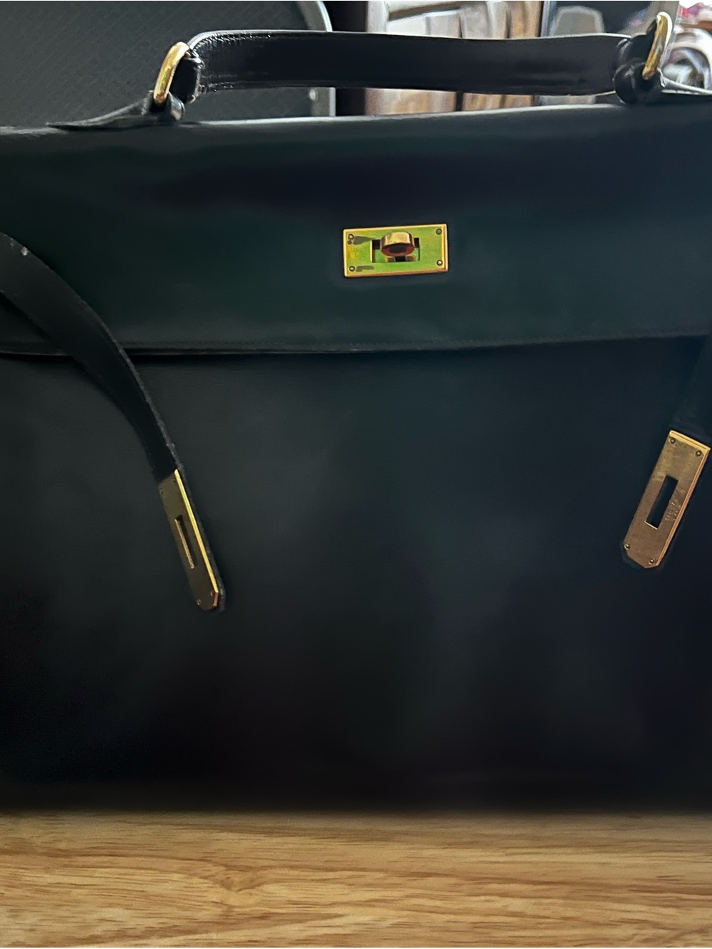 Hermes Kelly 32 Black Box Leather Tote with Gold Hardware